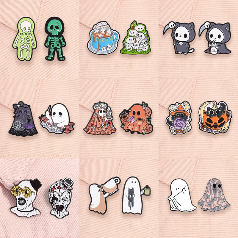 2-4pcs/set Halloween Ghost Enamel Pins Horror Skeleton Skull Cassette Camera Spooky Movies Character Brooches Badge Jewelry Gift