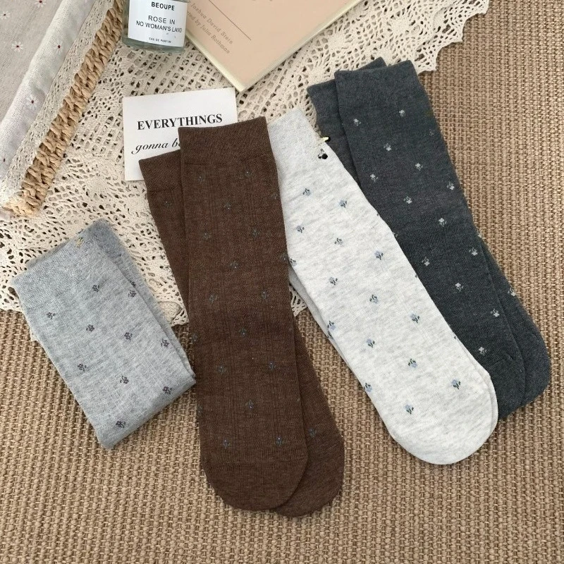 

4 pairs of women's autumn winter mid to long floral socks comfortable breathable sweat absorbing midsole socks