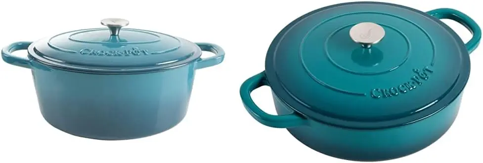 

Artisan Oval Enameled Cast Iron Dutch Oven and Braiser Bundle, 7-Quart and 5-Quart, Teal Ombre