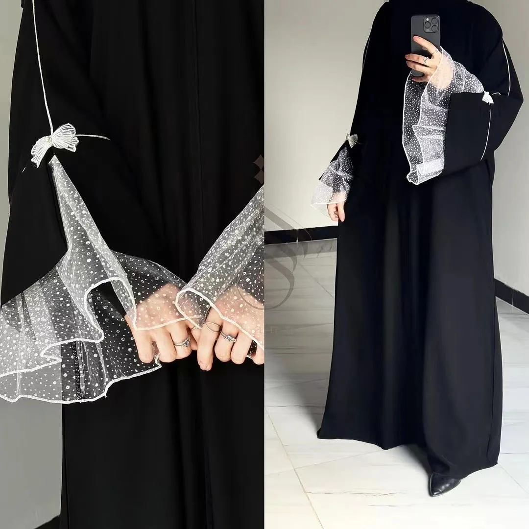 

Muslim Women Black Abaya, Lace and Bowknot Embellishment Muslim Long Dress, Dubai Turkish Ramadan Eid Hijabi Islamic Clothing