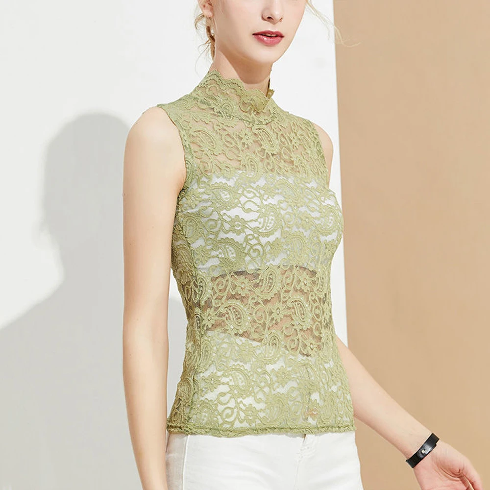 

Women's Paisley Lace Elastic Vest T Shirt Girls Black Sleeveless Turtleneck Tanks Top S-XL White Apricot Color Shirts Clothes