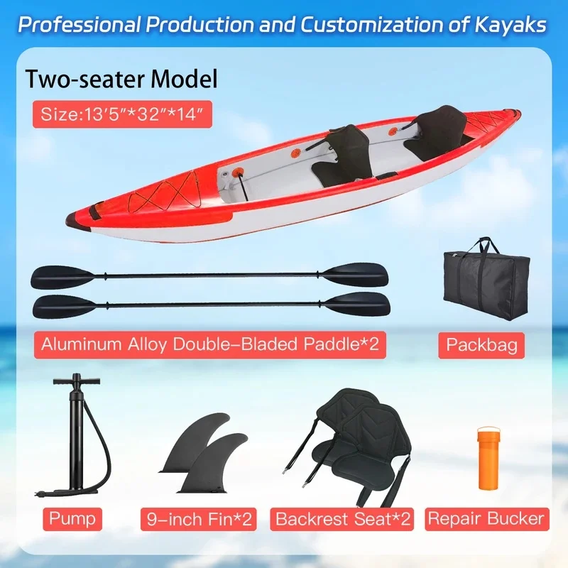 Tandem Kayak 4.1M Long with kayak paddle, kayak seat, bag, kayak pump with 3 air chambers