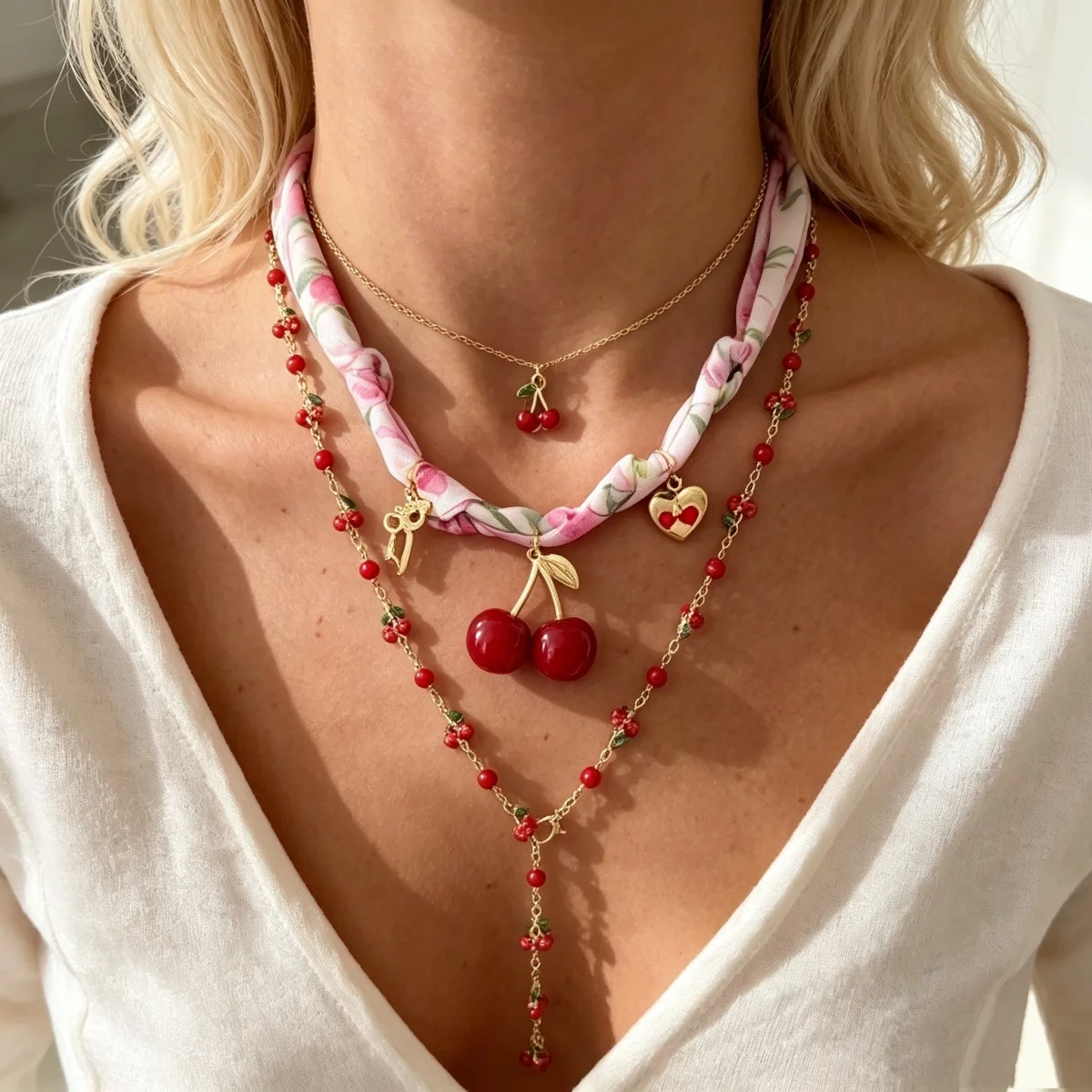 Mehrschichtiger roter Kirschherz-Schal, Y-förmige lange Halskette für Damen und Herren, süße Erdbeerblume, künstliche Perlen-Choker-Schmuckstücke – Detail 6