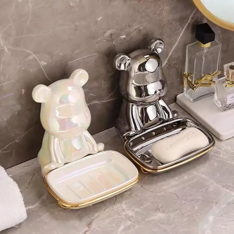 Ceramics Bear Soap Dish Punch-Free Wall Hanging Soap Holder Luxury Bathroom Accessories Ins Soap Tray Bathroom Storage Rack