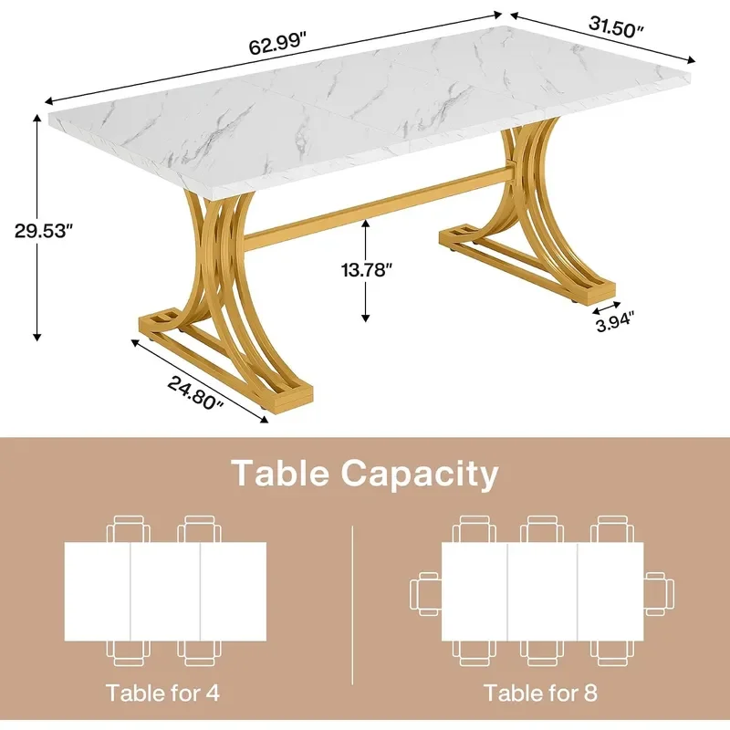63-Inch Rectangular Dining Table for 4 to 6 Modern Kitchen Tables with Stylish Metal Trestle Legs Large Dinner Tables for