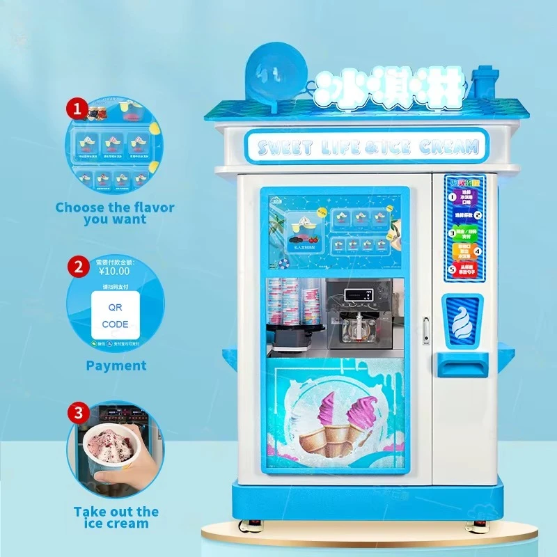 Ice Cream Vending Machine Triple Nozzle Design Low Noise Compressor Raw Material Shortage Alarm School Campus Vending Machine