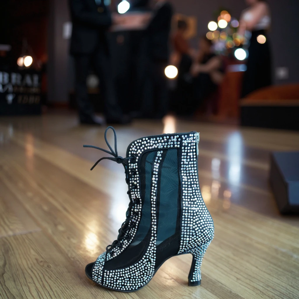 Evkoodance Women's Open Toe Dance Boots Black Rhinestones Latin Salsa Ballroom Shoes Girls Party Dancing Shoes