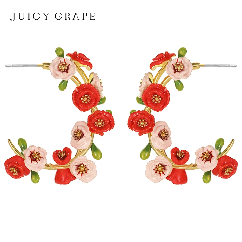 JUICY GRAPE Red Poppy Flower Earrings for Women 925 Silver Needle Luxury Handmade Enamel Studs Wedding Party Fine Jewelry