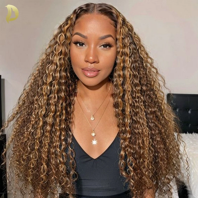 Deep Wave Highlight Wig Human Hair Water Deep Wave Frontal Wig Blonde Honey Brown Curly Human Hair Wigs Colored  lace front wig