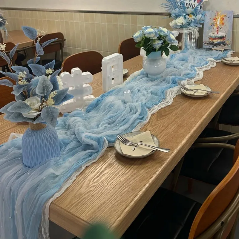 Restaurant Birthday Atmosphere Decoration Ruffled Table Runner Table Cloth For Tea Break Dessert Table Salon Scene Layout