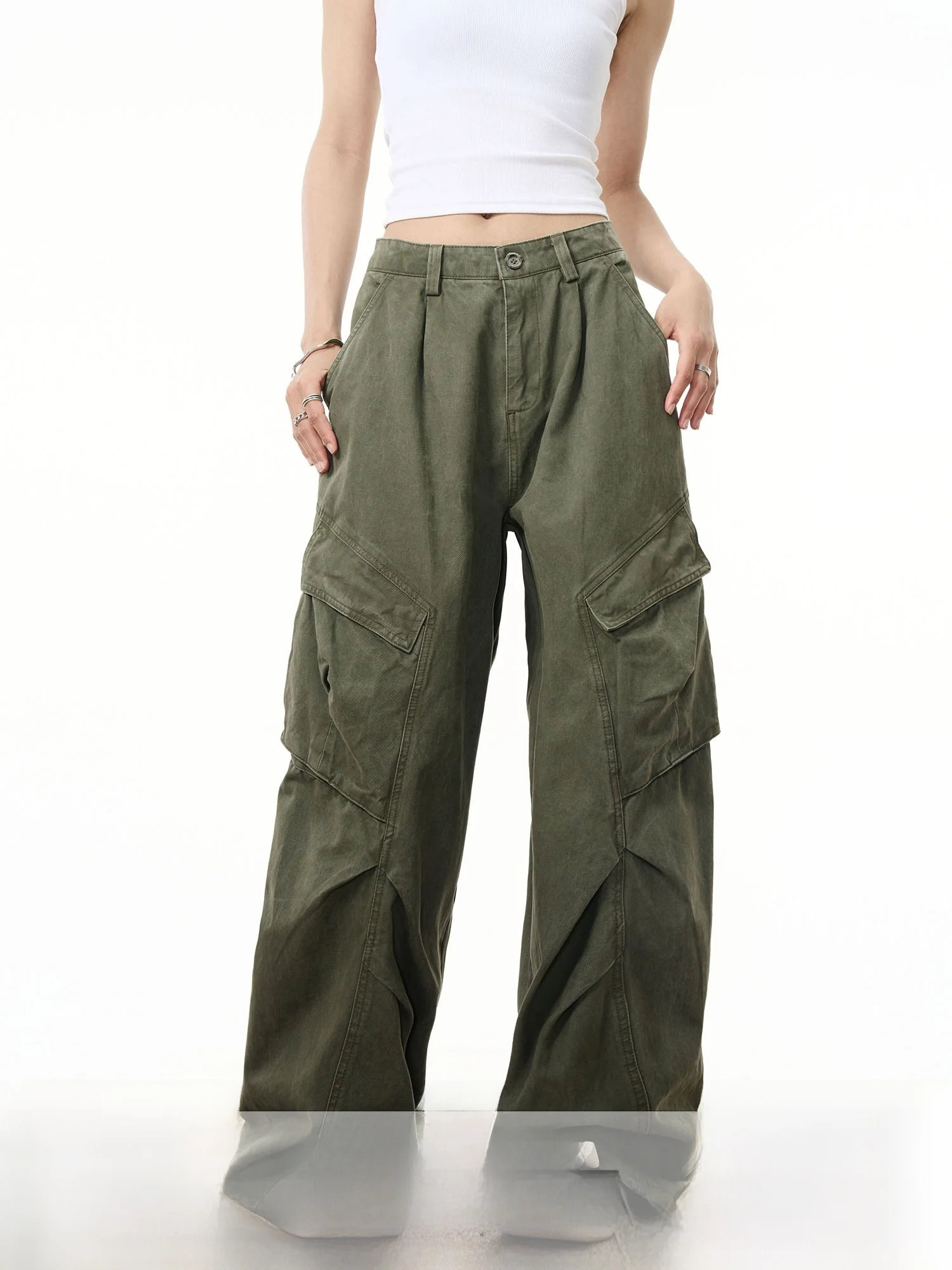 

Junecut American Retro Deconstructed Work Pants Women Loose Straight Folded Drape Casual Pants Youth Vitality Style All Seasons