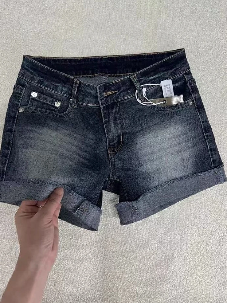 HOUZHOU Retro Denim Shorts Women Sexy Low Waist Hip Pop Washed Shorts American Vintage Distressed Harajuku Summer Jean Shorts
