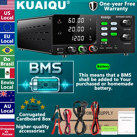 fonte de bancada 60v 20a já no brasil, fonte 1200w, fonte de alimentação de bancada de alta precisão de 1200W para carregamento de bateria, OCP, armazenamento de memória, Do Brasil, Sem impostos