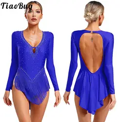 Women Fringed Latin Dance Leotard Bodysuit Rhinestones Long Sleeve Tassel Dance Skirt Dress for Cha-cha Tango Skating Gymnastics