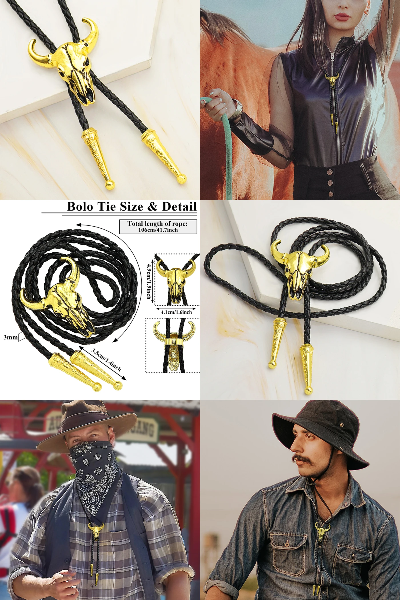 Neuheit Western Cowboy Bolo Krawatte für Herren Kuh Schädel Design Schwarz Leder Seil Vintage Krawatte Bull Kopf Anhänger Damen Schmuck – Detail 3