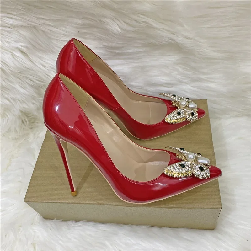 

Glitter Butterfly Women Patent Red Pointy Toe Stiletto Pumps Elegant Slip On Wedding Bridal Shoes Customize Colors