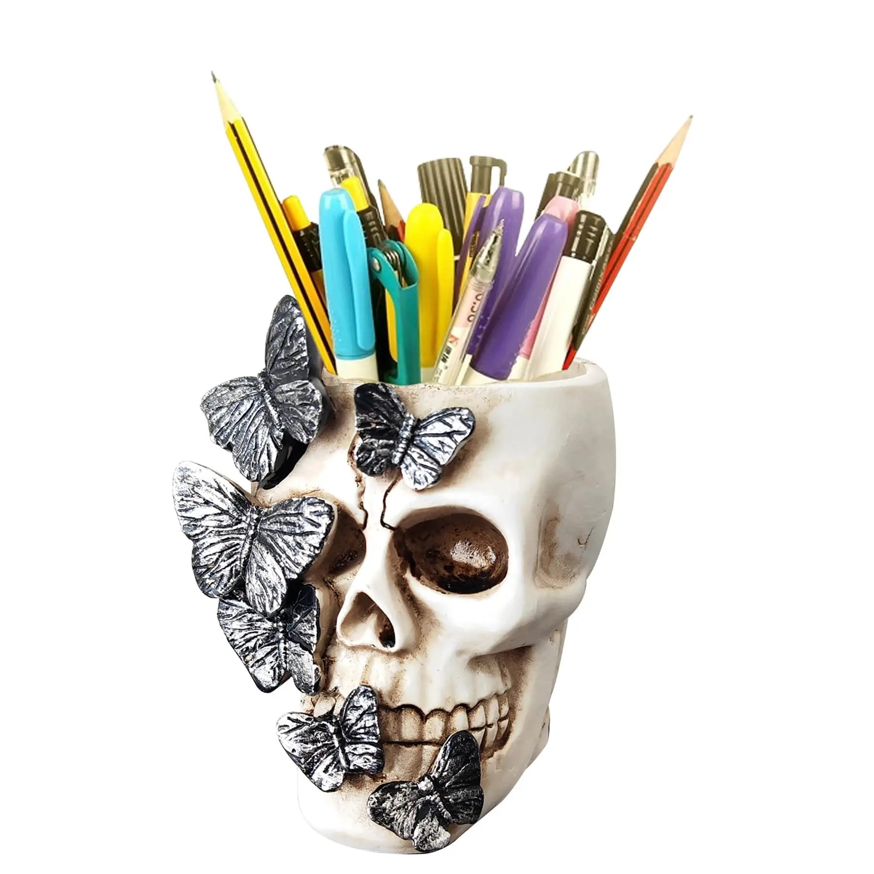 Butterfly Skull Pen Holder Halloween Decoration Home Office Desktop Ornament Holiday Gift Gothic Horror Props Stationery Gift