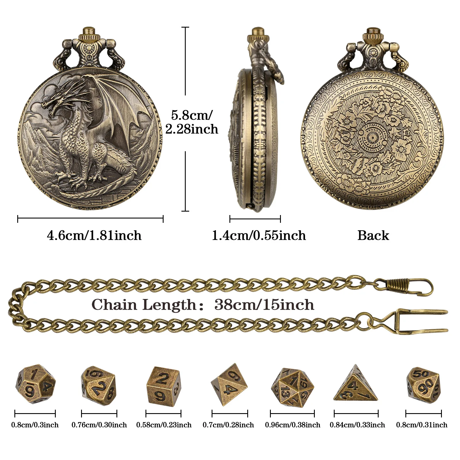 DND Dice Jewelry Pocket Watch Case Retro 3D Relief Western Dragon Standing Swinging Tail Pocket Watch Dice Box