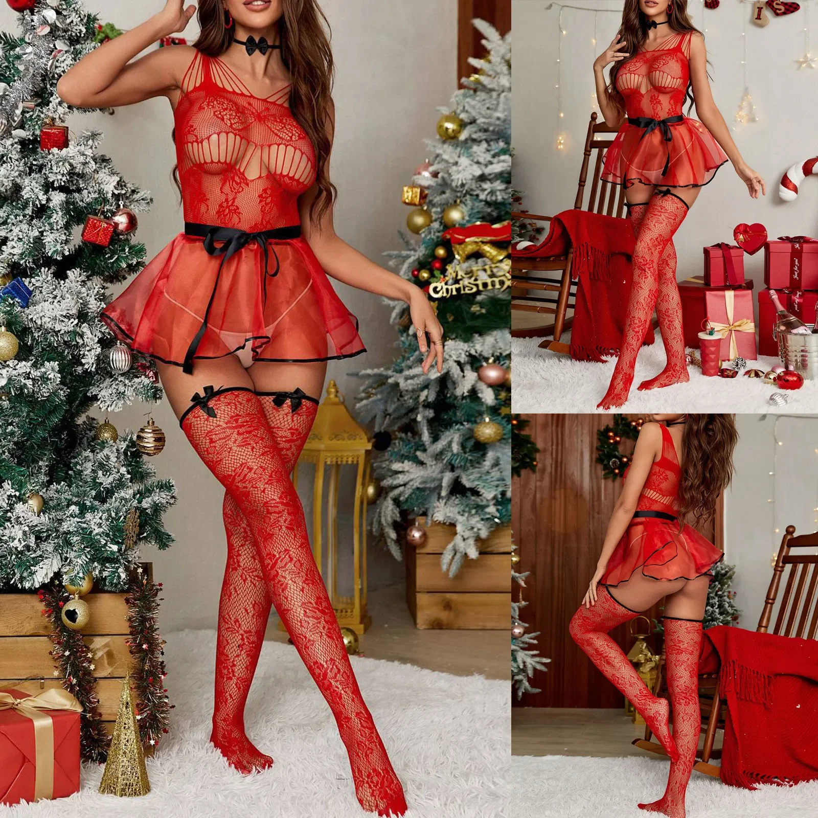 2pcs Women Sexy Lingerie CHRISTMAS Bodysuit Bow Sleeping Skirt Set Exotic Naughty Set For Women Mesh Sexy Black Teddy Babydoll