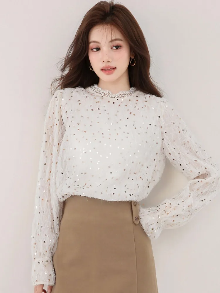 스팽글 태슬 시폰 탑 여성용 봄 가을 디자인 독특하고 아름다운 패셔너블한 스몰핏 스트레이트 컷 롱 슬리브