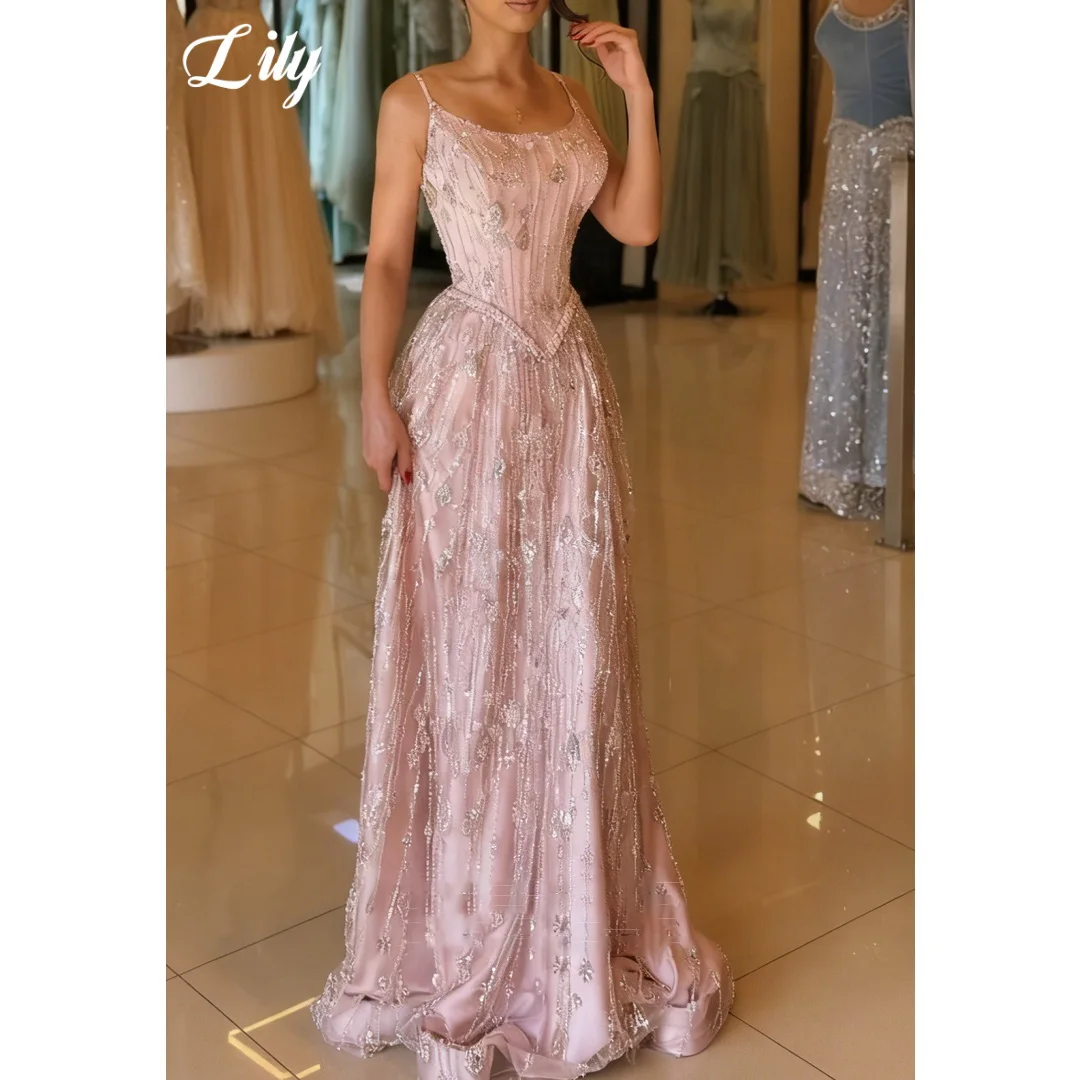 

Lily Luxury Pink Prom Dress Spaghetti Strap Beaded Sequin Corset A-Line Floor Length Formal Evening Gown For Women Customized