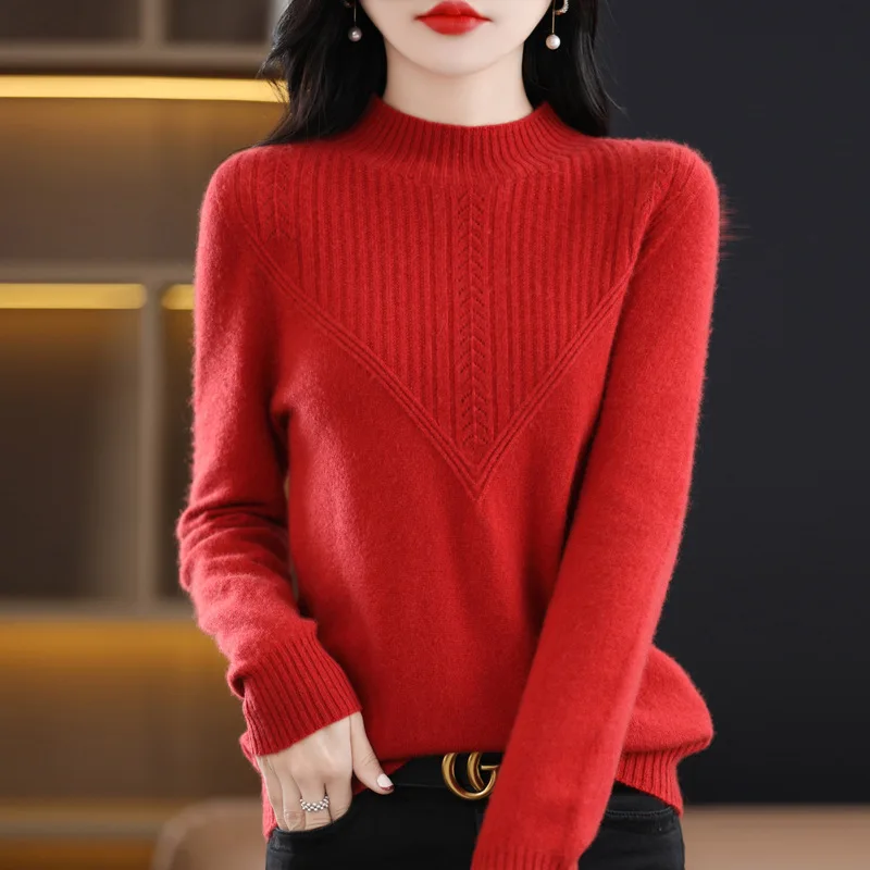 

Women Sweater 100% Wool Long Sleeve Pullover Autumn Winter Thick Warm Soft Bottoming Shirts Mock Neck Loose Knitted Sweaters