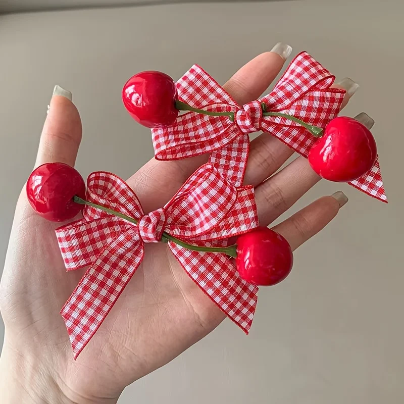 

2Pcs Korean Sweet Cherry Bow Hair Clips Ribbon Bow with Red Cherries Hairpin Durable Hair Accessories Women Festive Hairpiece
