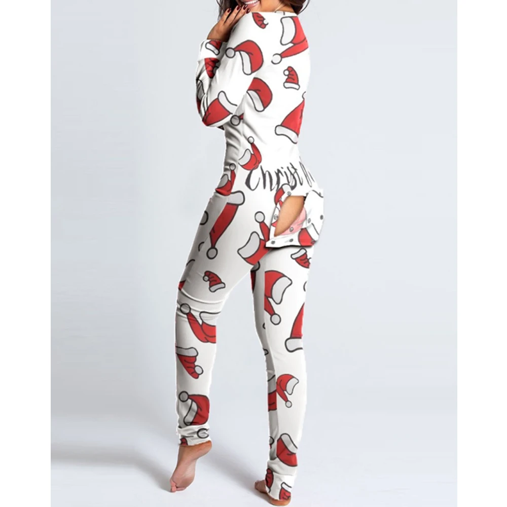 Sexy Pyjama Women\'s Jumpsuit Suit Button-down Front Back Butt Bum Open Ass Flap Jumpsuit  2023 Christmas Onesies Print Outfit