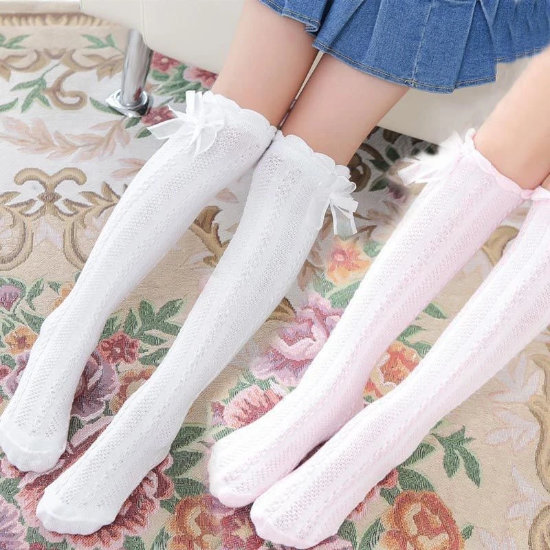 

Princess Style Knee-Length Breathable Mesh Stockings with Bowknot Decoration Cute Solid Color Ripple Edge Anti-mosquito Socks