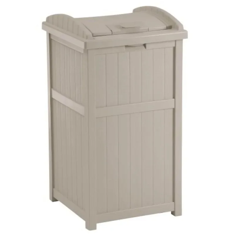 Suncast Outdoor Hideaway Trash Container for Patio Taupe 33 Gallon Rubnish Bin