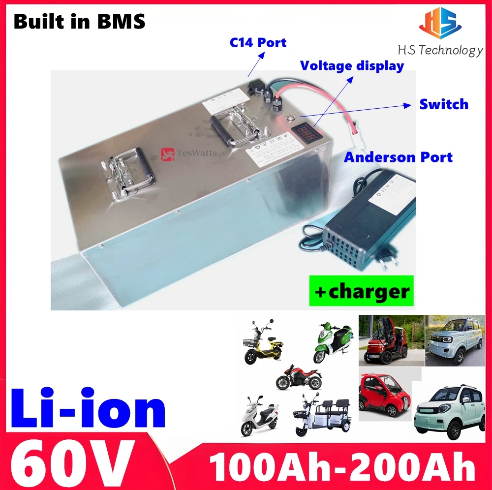 

HS 60v 100Ah 120Ah 150Ah 180Ah 200Ah lithium ion Battery Pack with BMS for EV scooter motorcycle tricycle Gocart+10A/20A Charger