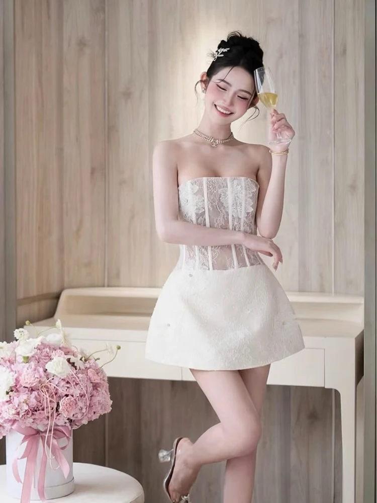 

Ele Lace Embroidery Strapl Dr Women's Unique Design Beautiful Faionable High Waist A-Line ort Skirt Dr