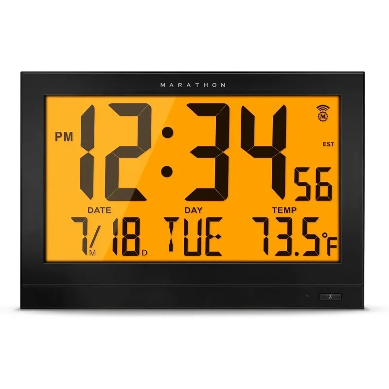 Jumbo Atomic Wall Clock with Automatic Backlight, Black Large 15-Inch Display AM/PM or 24-Hour Time, 8 Time Zones