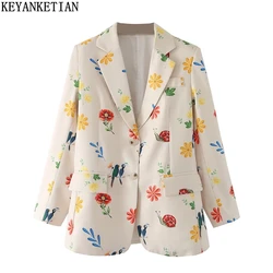 KEYANKETIAN estampada-Chaqueta de estilo pastoral para mujer, traje floral con bolsillo abotonado, top de una sola fila, ropa de primavera