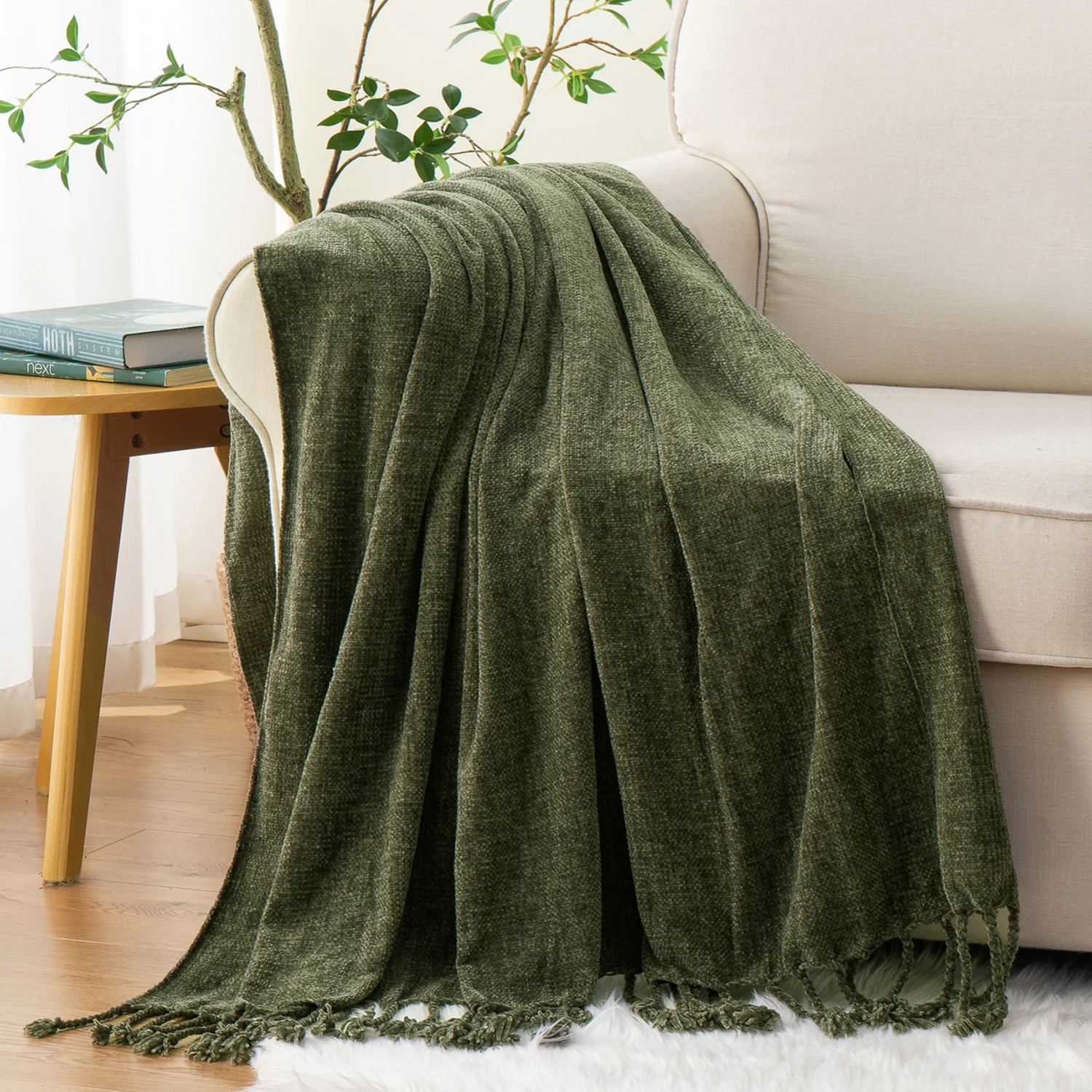 Battilo Chenille Throw Blanket with Fringe Tassels Decorative Lightweight Sofa Blanket Soft Cozy Knit Throws for Spring Decor