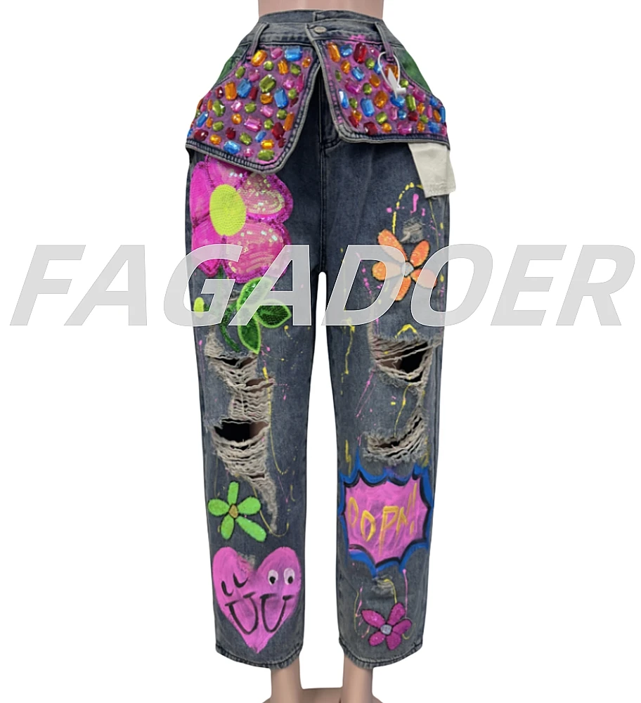 FAGADOER Retro Fashion Spring Floral Denim Pants Women Rhinestones Hole Patchwork Shining Jeans Female Streetwear Bottoms New