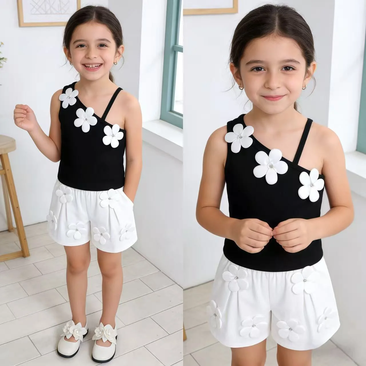 

2026 Summer Elegant Children Flower Tops+Skirt For Girls Birthday Evening Party Outfits Causal Girls Holiday Suits 2-7 Y