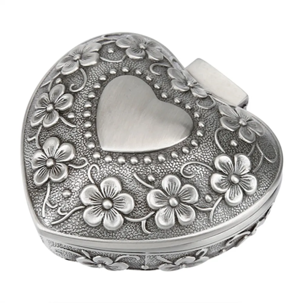 Heart Shape Vintage Jewelry Box Metal Construction Antique Finish Heart Jewelry Box Carved Flower Earring Storage Storage Box