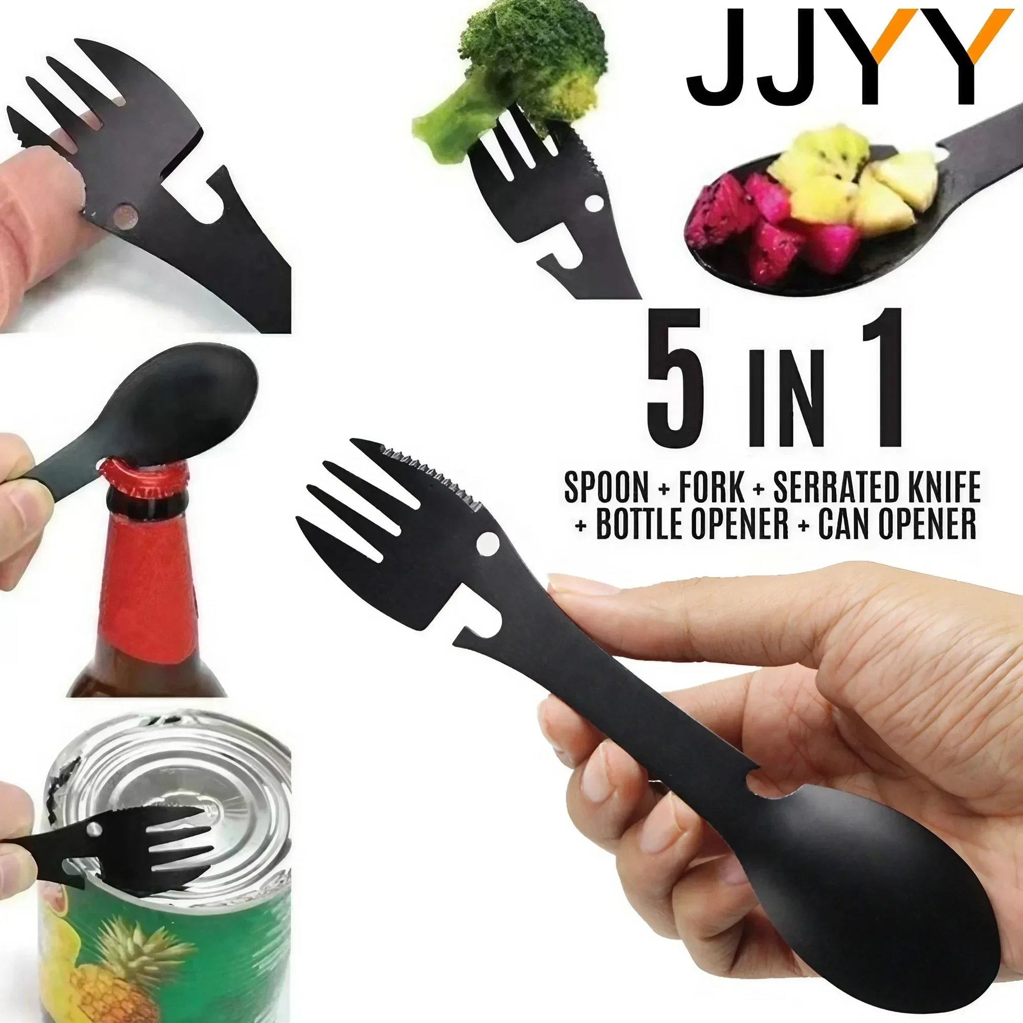 JJYY Multifunctional Fork Spoon 5 in 1 Spoon EDC Bottle Opener Can Opener Outdoor Camping Portable Tableware Fork Spoon