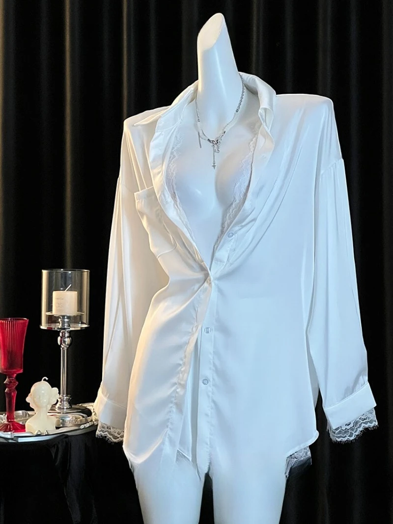 

Atmospheric Boyfriend Ice Silk Pajamas for Women,Sexy White Shirt Set with Lace,Pure Desire Style Homewear,Elegant Comfortable