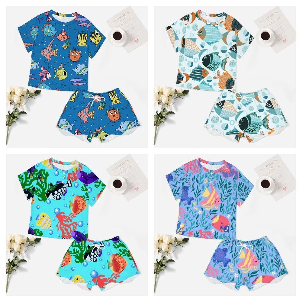 Tropical Fish Pattern Women's 2-Piece Button Down Short Sleeve Button Front Sleepwear Loungewear PJ Set Summer Home Suit