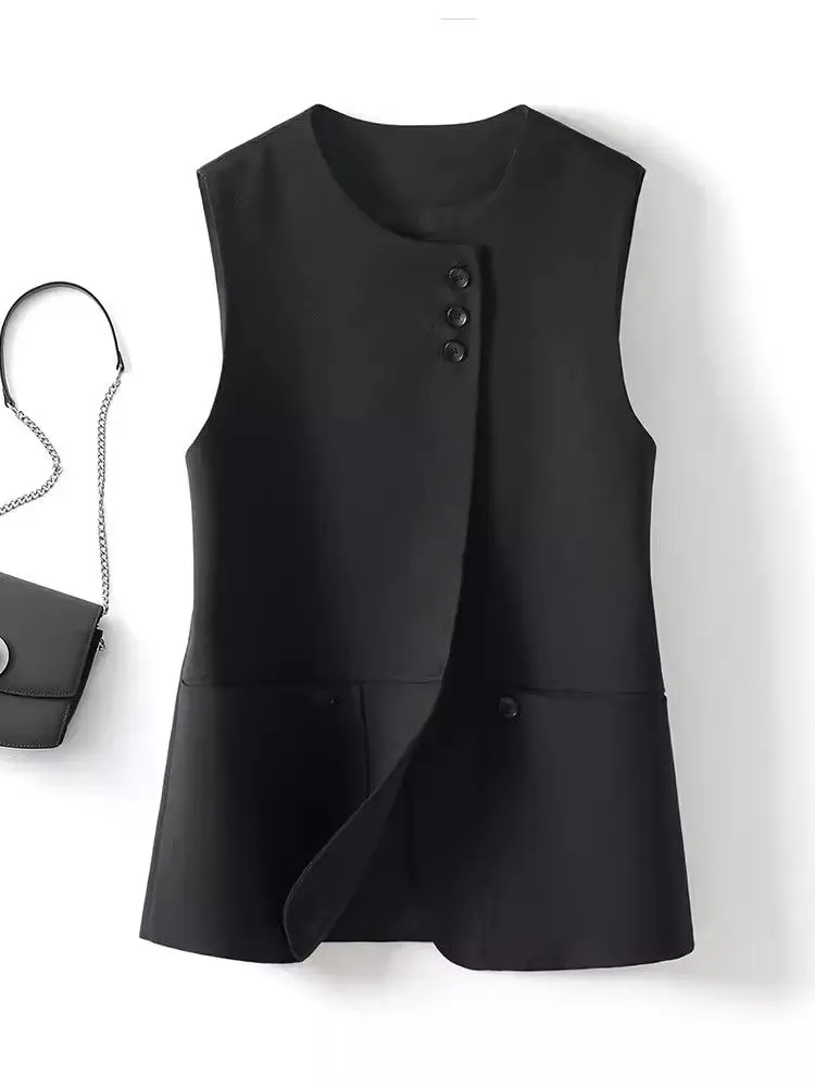 Gilet à col rond pour femme, nouveau haut avec ceinture, costume slim, gilet court sans manches, printemps et automne 2024