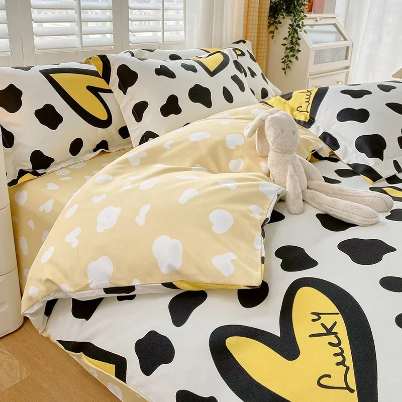 Cow Print Duvet Cover Set Cartoon Reversible Comforter Covers Black and White Bedding with Zipper for Kids Boys Girls Queen Size