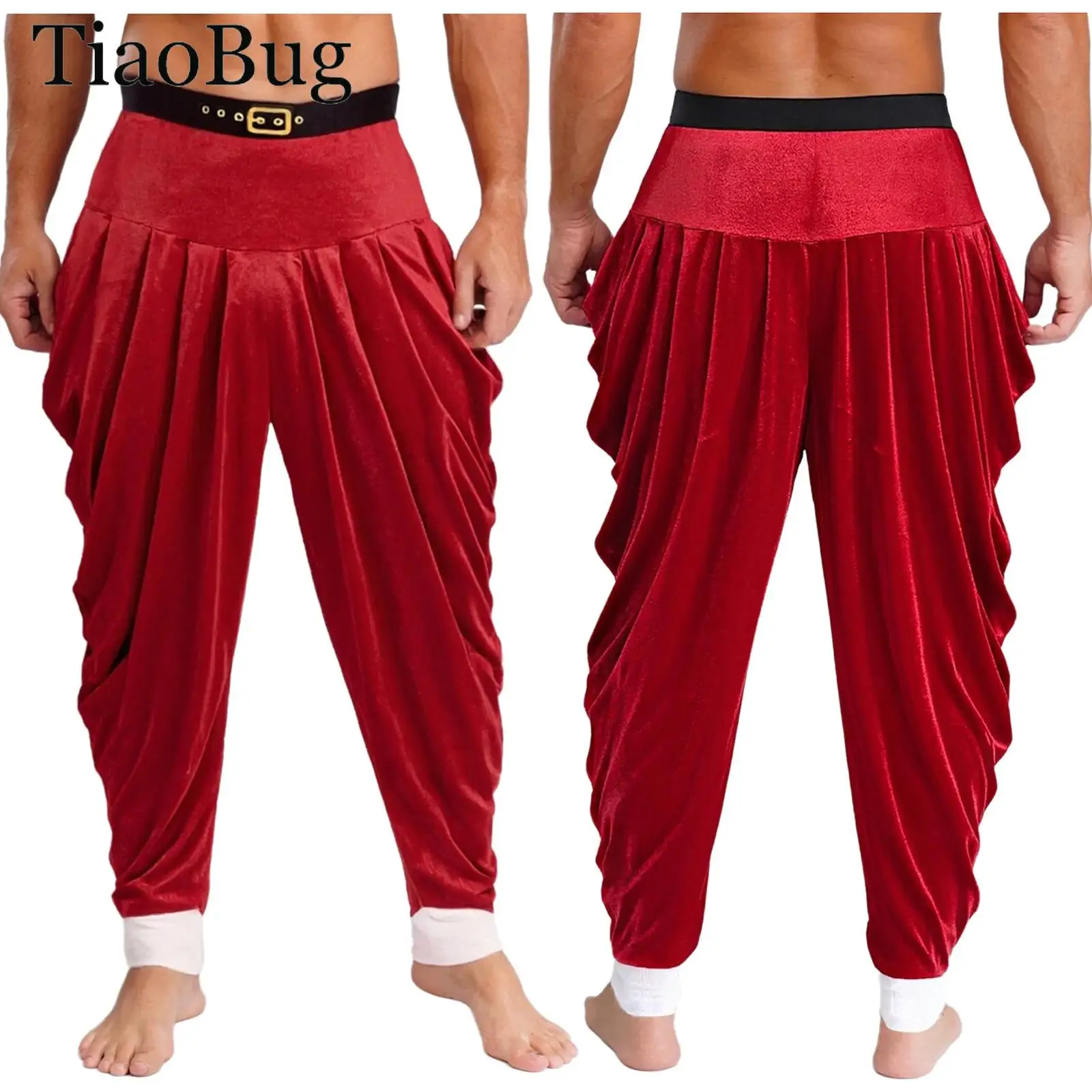 

Men Christmas Santa Claus Costumes Elastic Waistband Red Velvet Long Pants Trousers Xmas Baggy Pants Festivals Cosplay Costumes