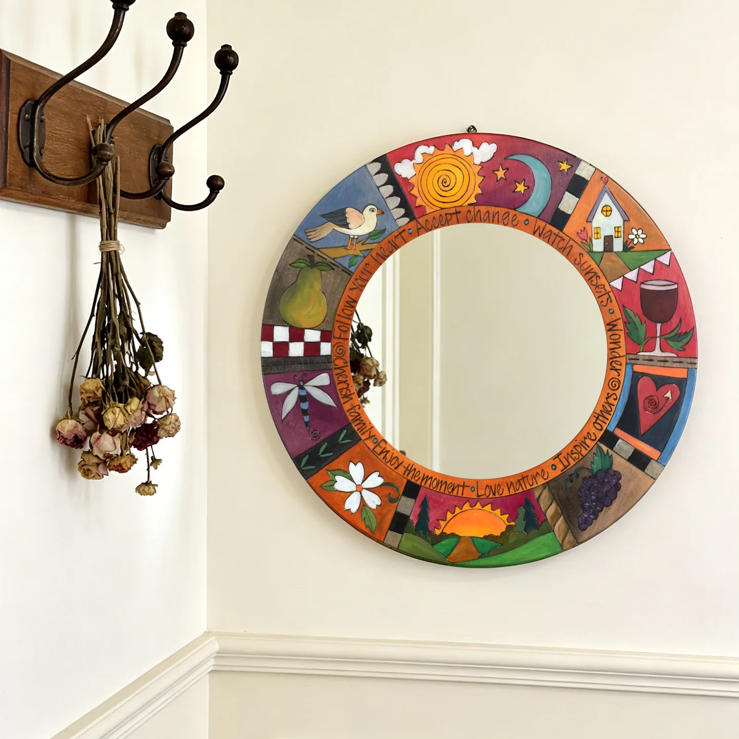Vintage Folk Art Hand Painted Round Decor Mirror, Colorful Patchwork Sun Moon Bird Fruit Wooden Wall Mirror with Motivational Te