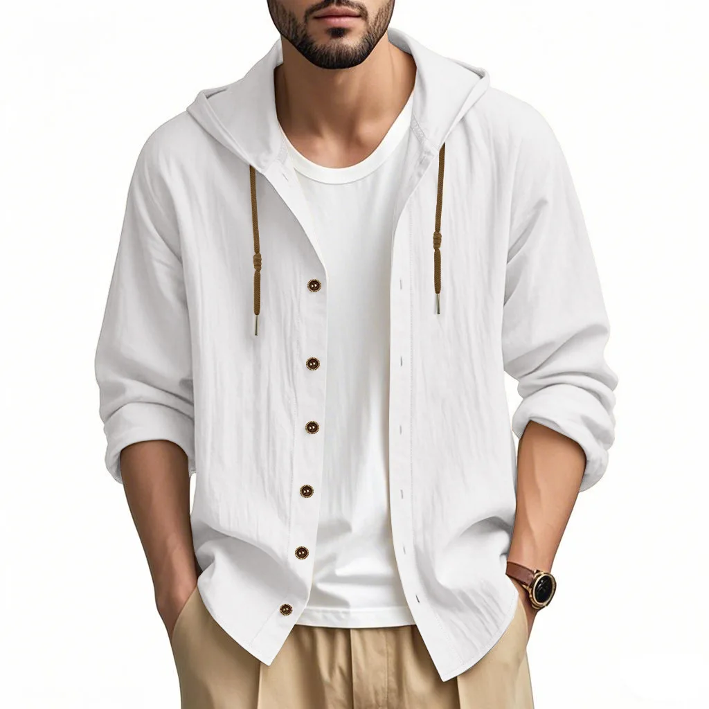 Cross-border hot sale cotton and linen men's sports and leisure long-sleeved shirt hooded fashion high quality trend versatile