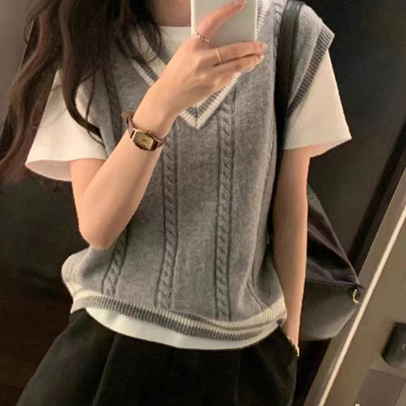 ABRIN Winter Women Patchwork V-neck Knit Sweater Vest  Autumn Sleeveless Rib Preppy Style Pullover Sweater Vest For Women 2023