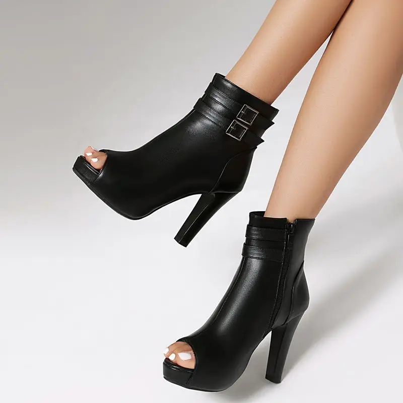 

REAVE CAT Classic Women Sandals Peep Toe Block Heels 9.5cm Platform 2cm Zipper Belt Buckle Large Size 41 42 43 Sexy Party Shoes