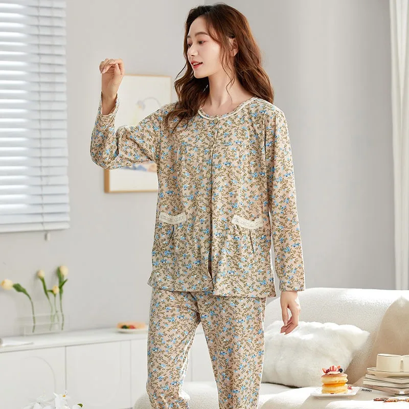 2024 New Spring Female Casual Breathable Long Sleeves Trousers Pajamas Sets Middle-Aged Women Round Neck Plus Size Homewear Suit