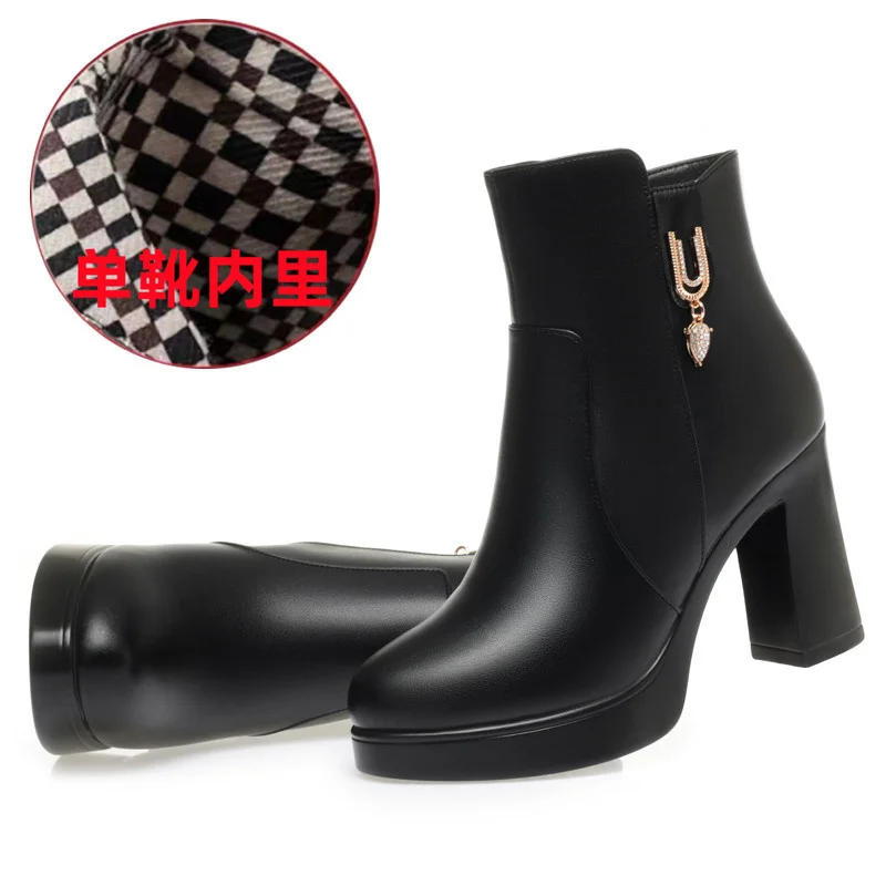 Thick heel Non-slip Plus Fleece Thick Sole Platform Shoes 2024 Winter Luxury Black Super High Heel Ankle Boots for Women